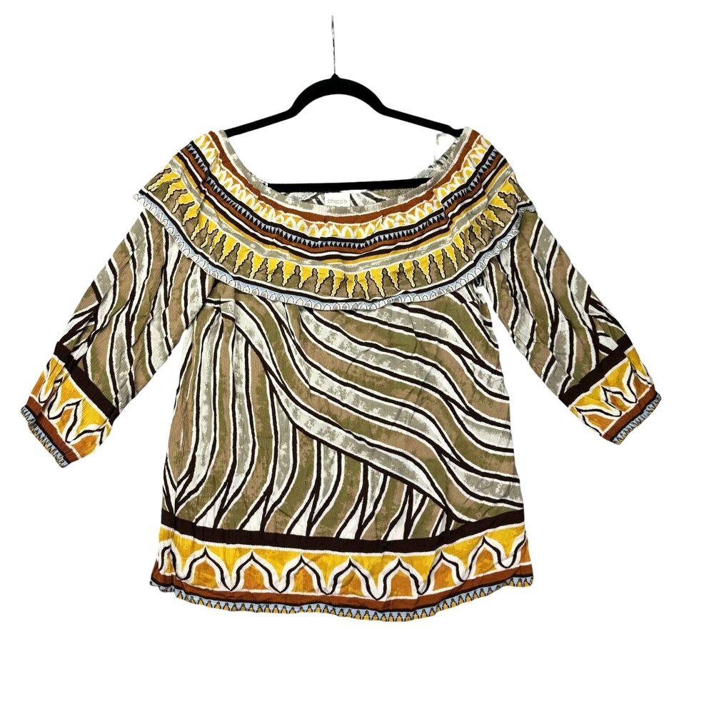 CHICOS Top Womens 1 Medium Yellow Tribal Border Off-the-Shoulder 3/4 Sleeve Cute